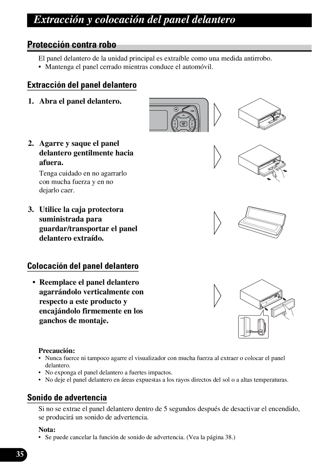 Pioneer DEH-P5250 Extracción y colocación del panel delanter o, Protección contra robo, Extracción del panel delantero 