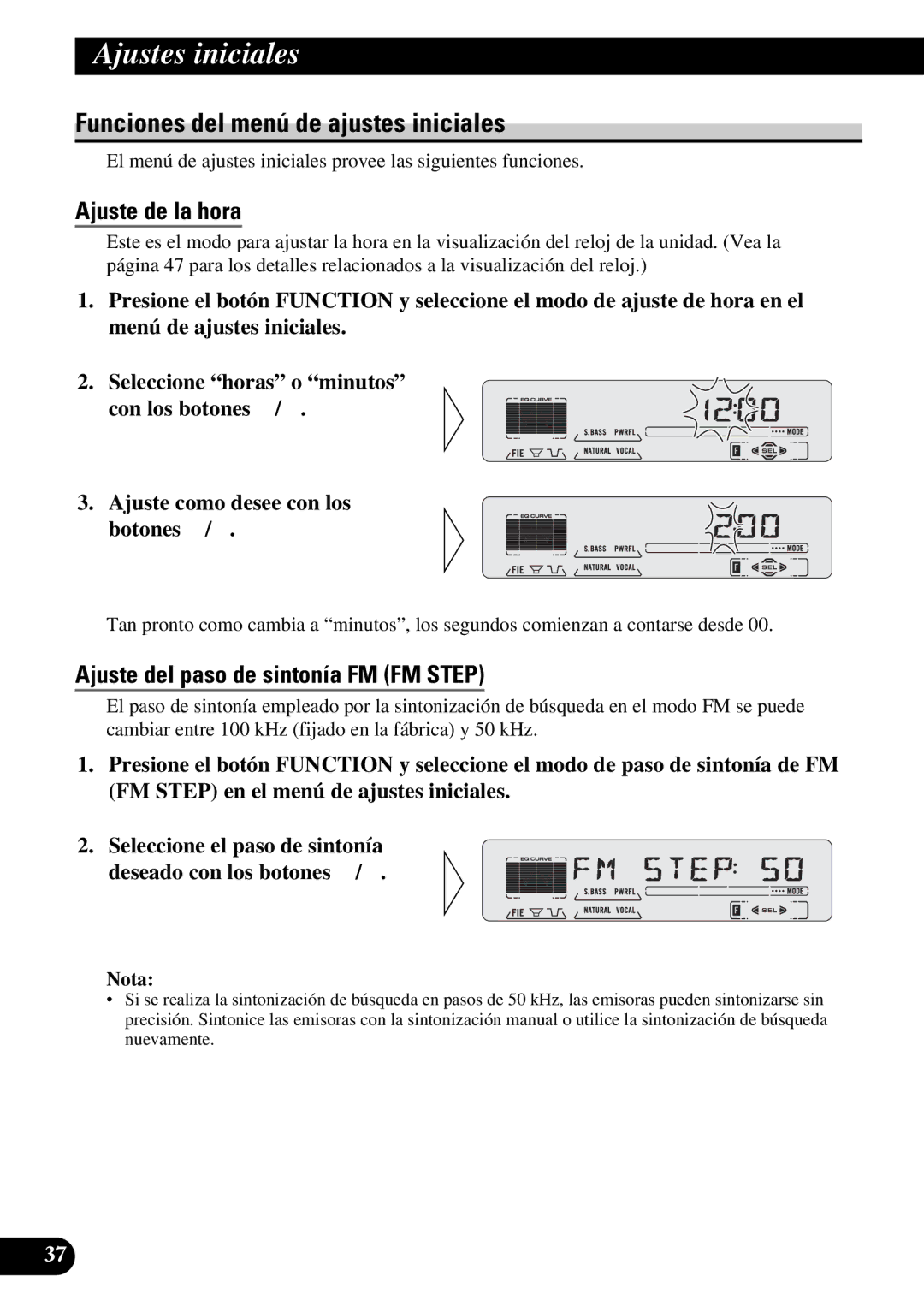 Pioneer DEH-P5250 Funciones del menú de ajustes iniciales, Ajuste de la hora, Ajuste del paso de sintonía FM FM Step 