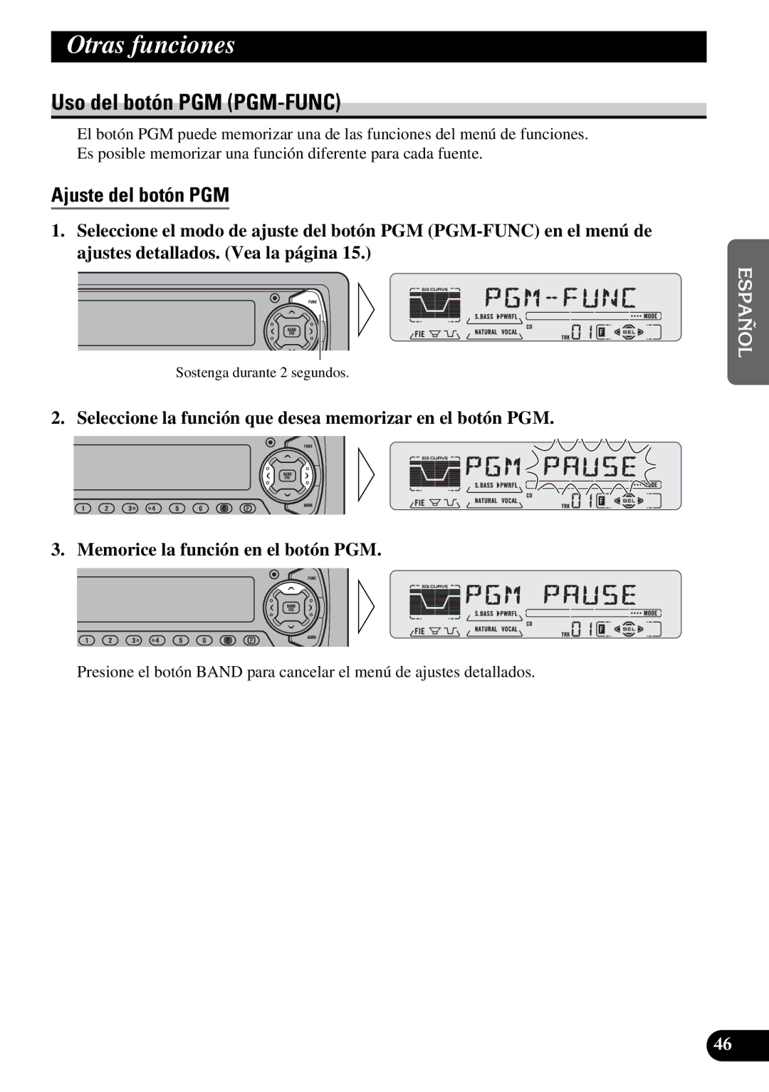 Pioneer DEH-P5250 operation manual Otras funciones, Uso del botón PGM PGM-FUNC, Ajuste del botón PGM 