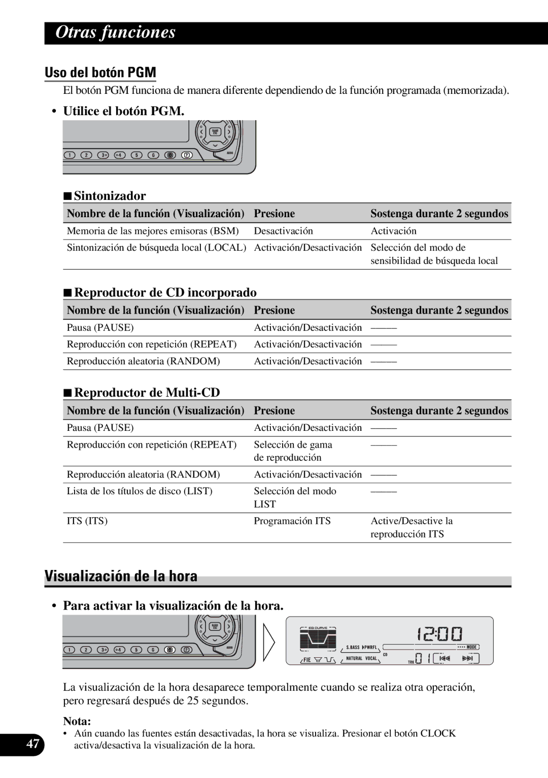 Pioneer DEH-P5250 Visualización de la hora, Uso del botón PGM, Utilice el botón PGM 7Sintonizador, Presione 