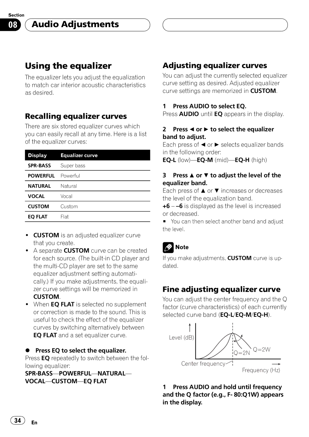 Pioneer DEH-P5500MP operation manual Level dB =2N Q=2W Center frequency Frequency Hz 