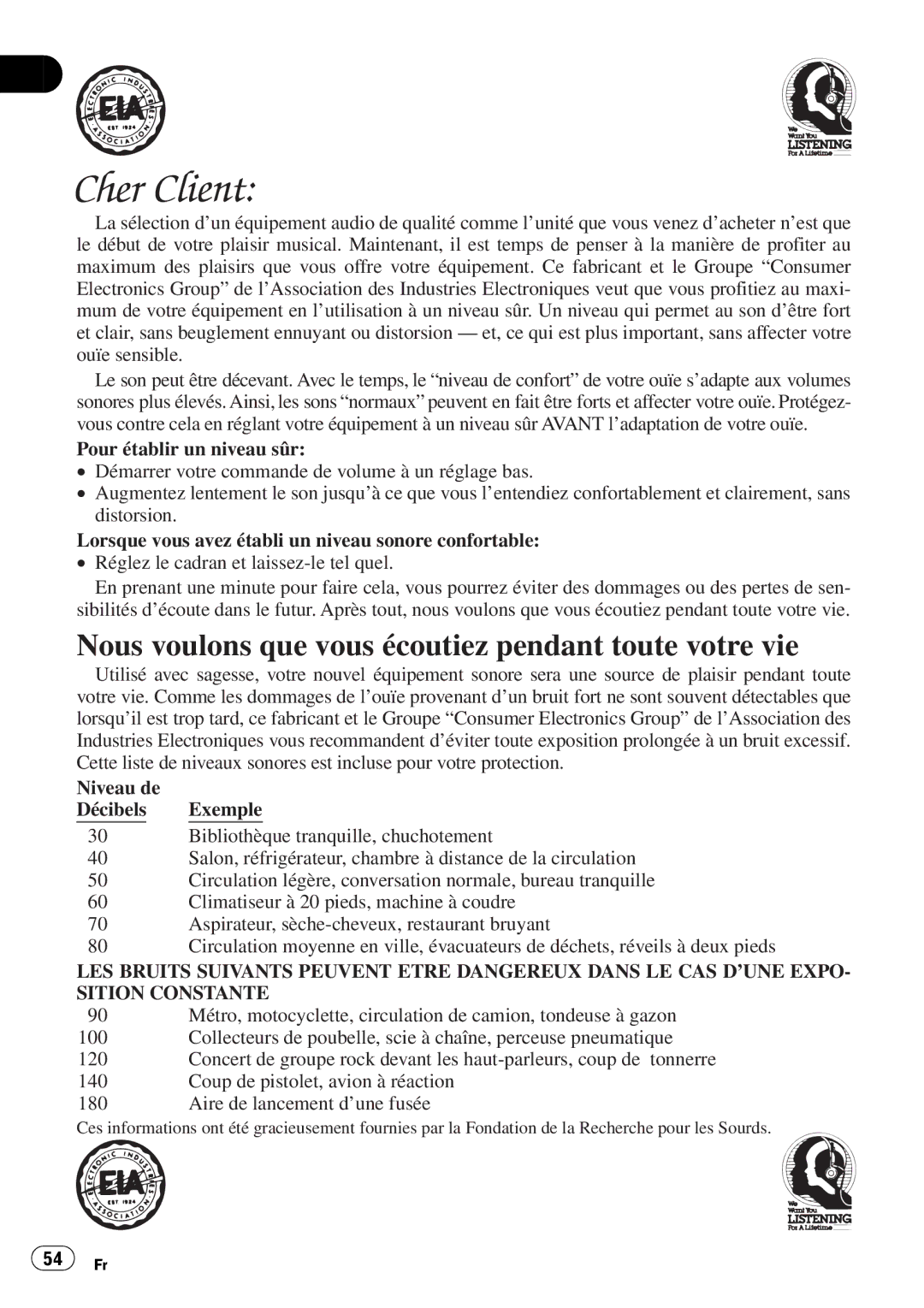 Pioneer DEH-P5500MP operation manual Nous voulons que vous écoutiez pendant toute votre vie 