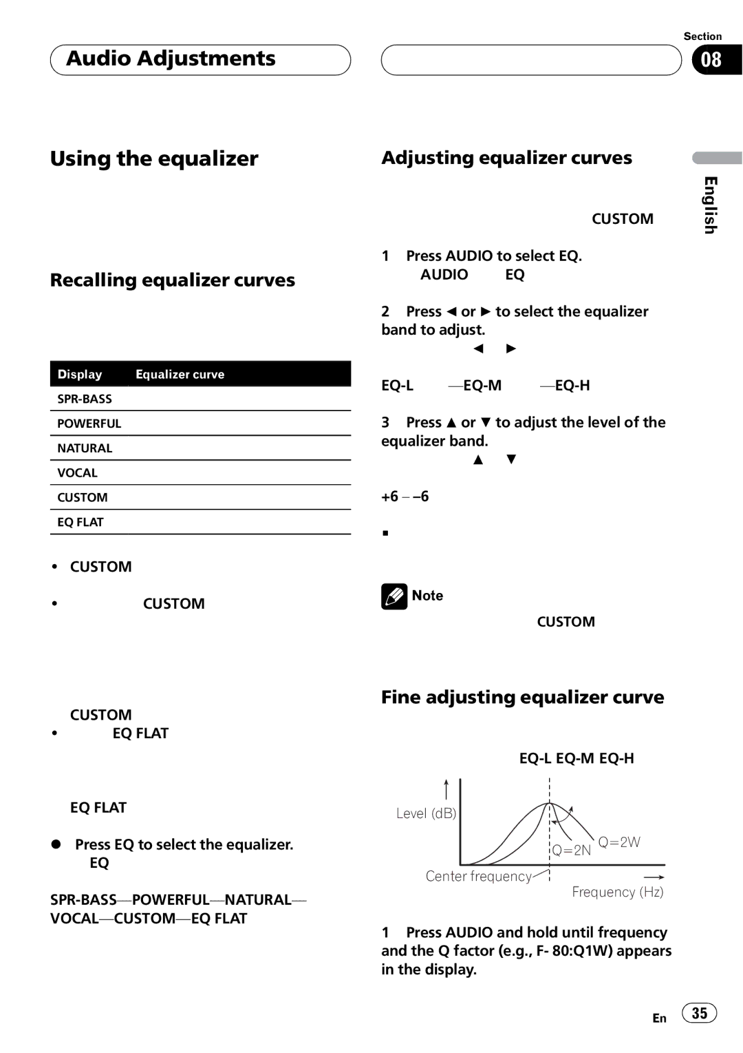 Pioneer DEH-P550MP operation manual Level dB =2N Q=2W Center frequency Frequency Hz 