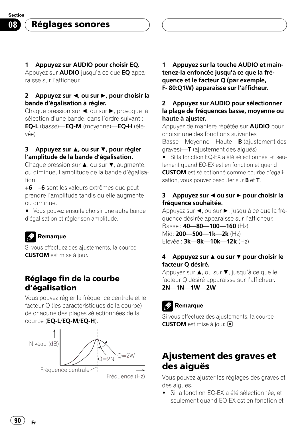 Pioneer DEH-P550MP operation manual Niveau dB =2N Q=2W Fréquence centrale Fréquence Hz 