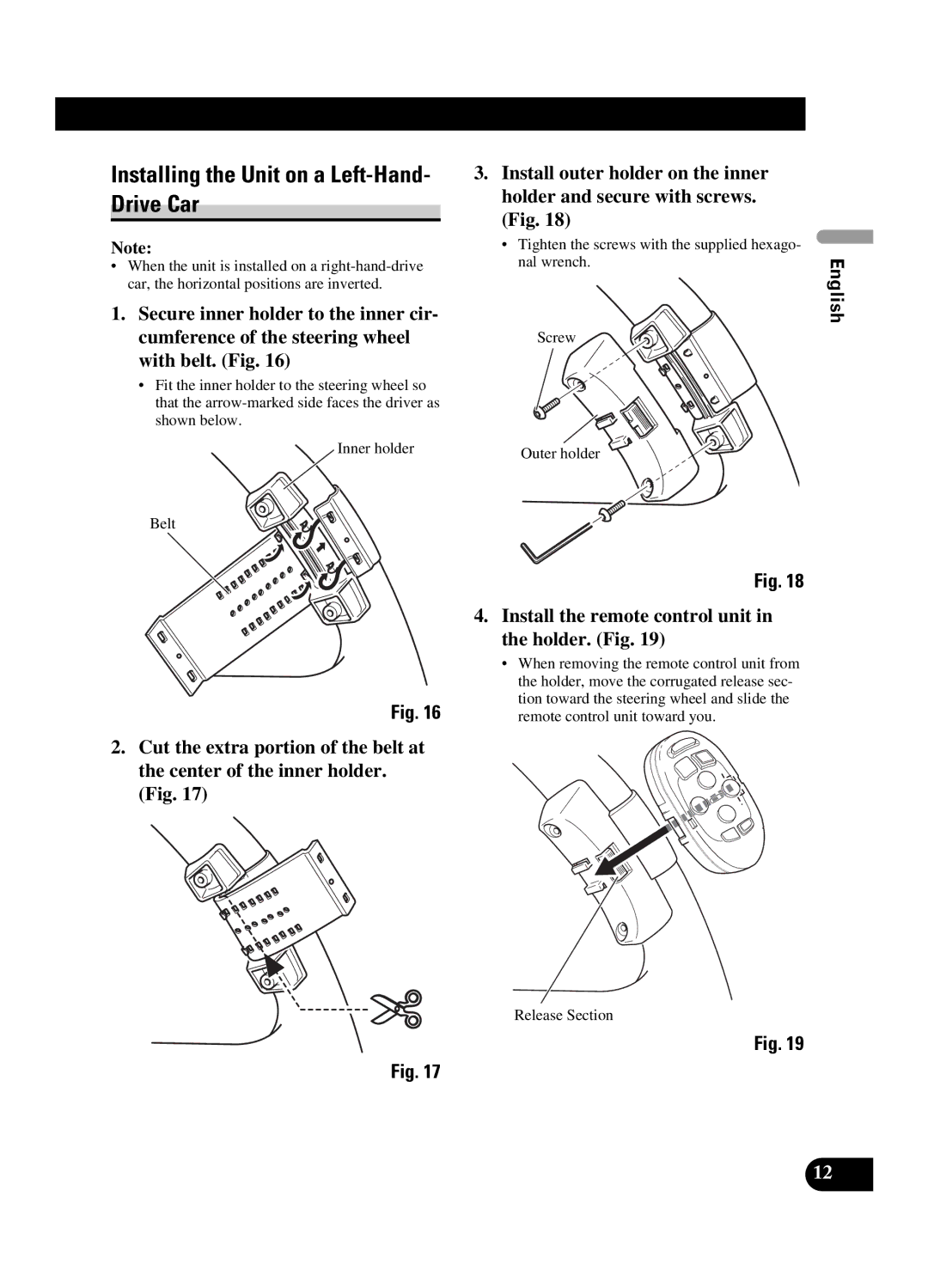 Pioneer DEH-P550MP Installing the Unit on a Left-Hand- Drive Car, Holder. Fig, Screw Outer holder, Release Section 