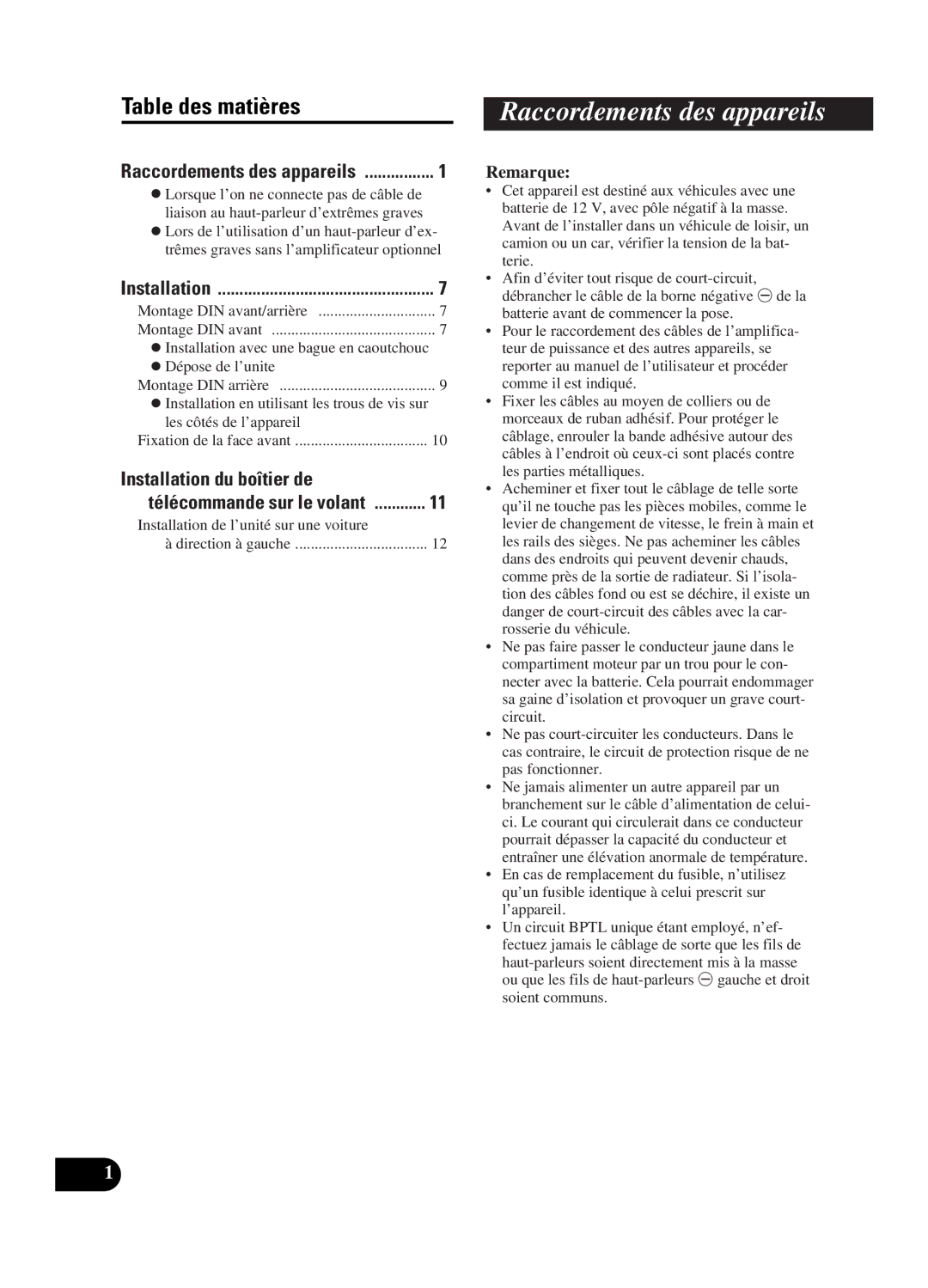 Pioneer DEH-P550MP Raccordements des appareils, Table des matières, Installation de l’unité sur une voiture 