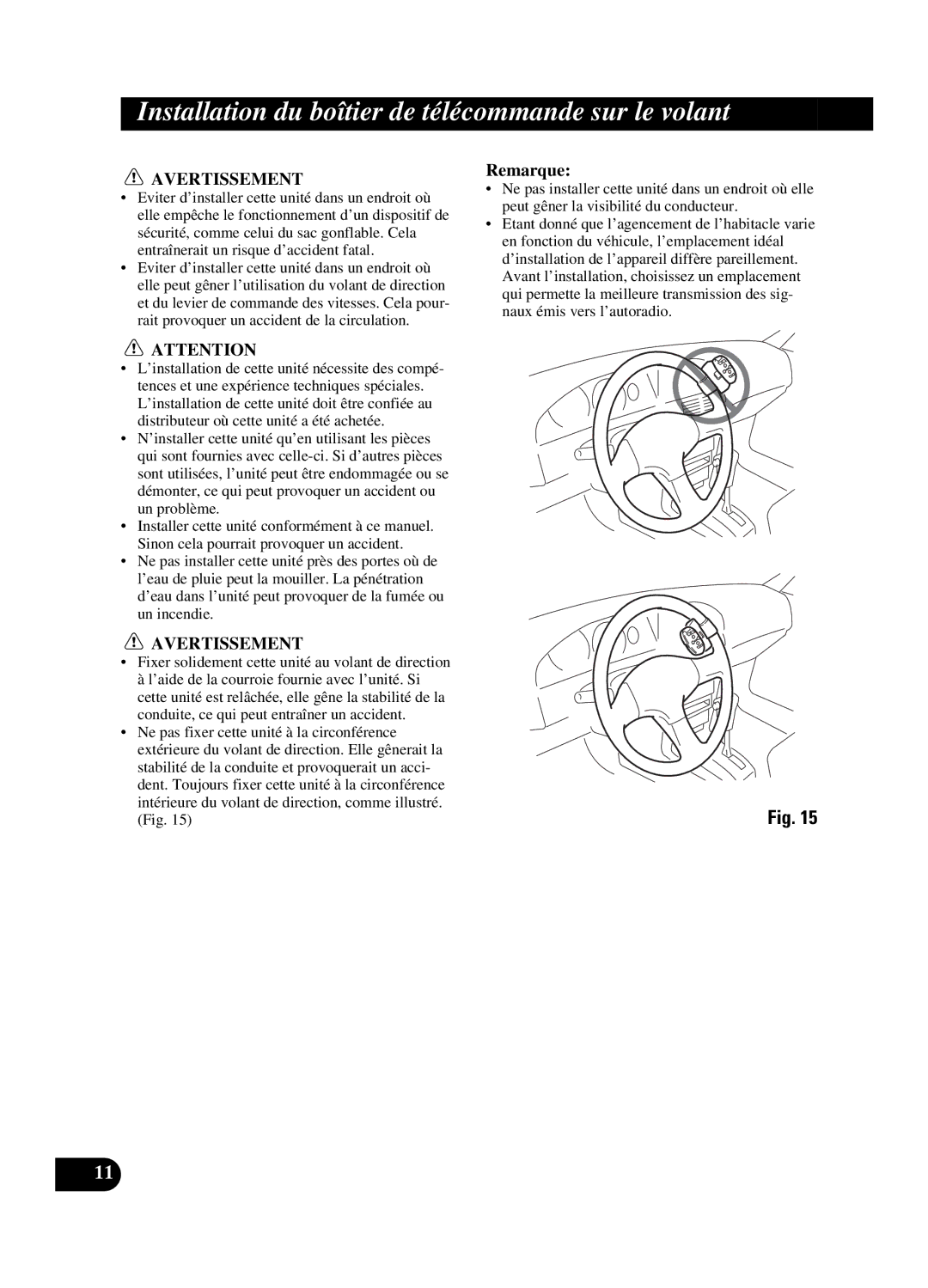 Pioneer DEH-P550MP Installation du boîtier de télécommande sur le volant, Ne pas fixer cette unité à la circonférence 