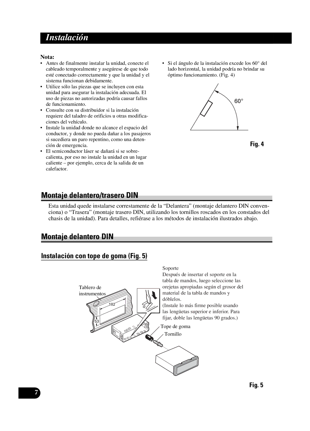 Pioneer DEH-P550MP Instalación, Montaje delantero/trasero DIN, Montaje delantero DIN, Tablero de instrumentos 