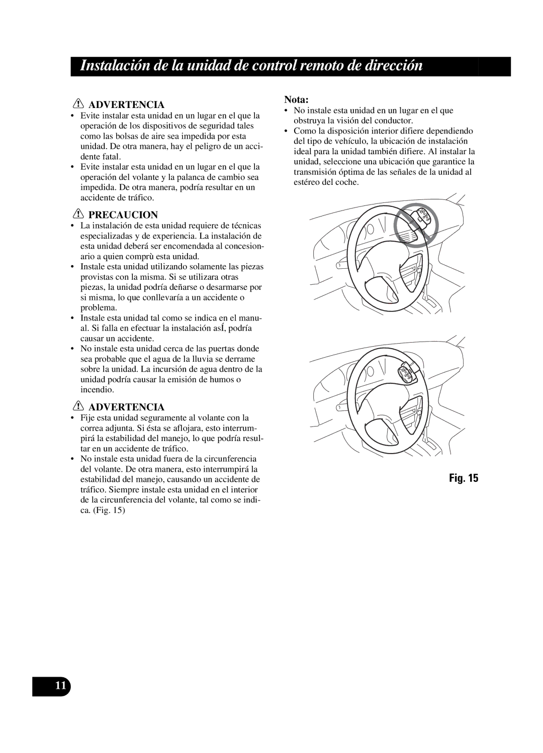 Pioneer DEH-P550MP installation manual Instalación de la unidad de control remoto de dirección, Advertencia 