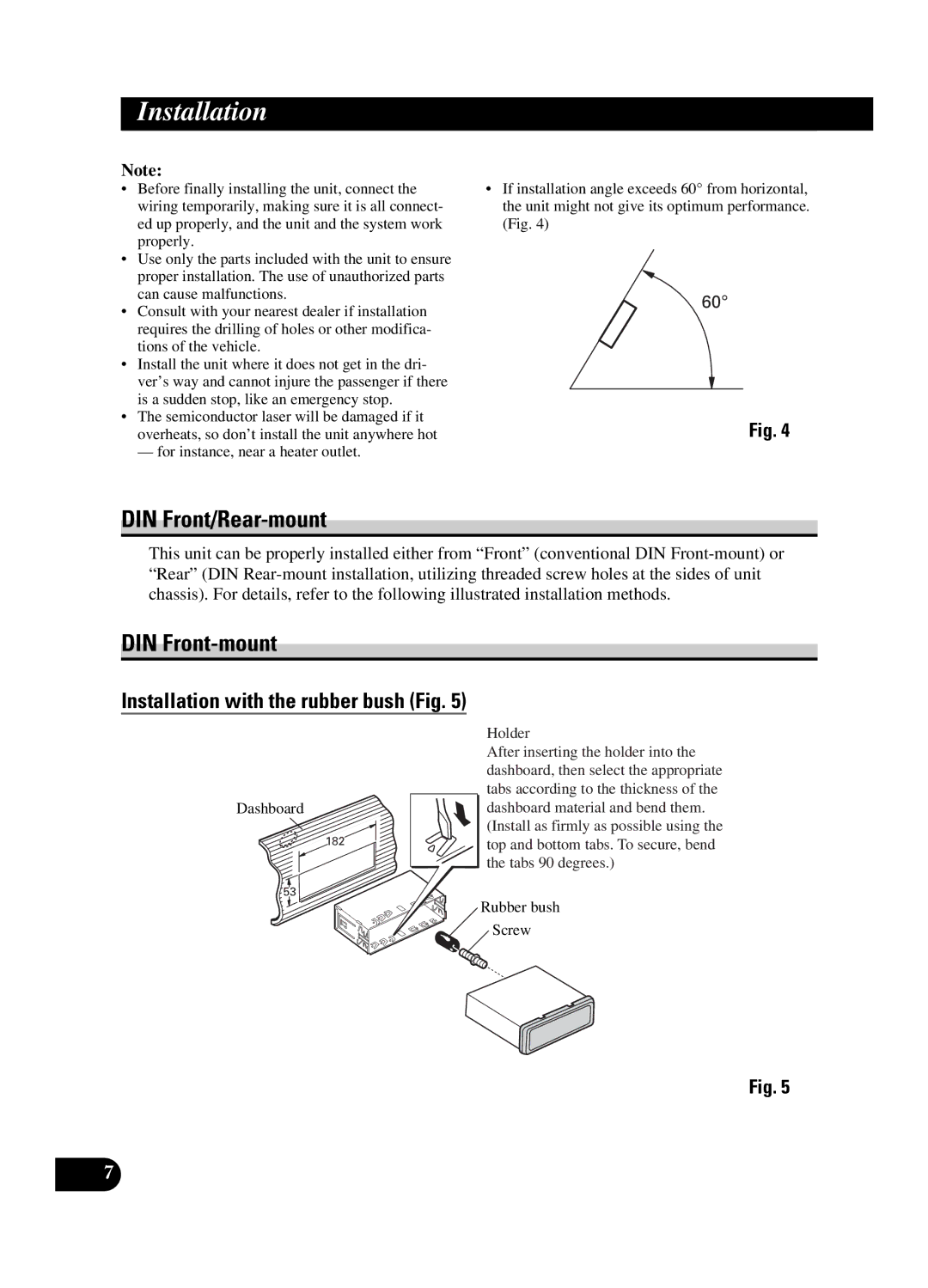 Pioneer DEH-P550MP installation manual Installation, DIN Front/Rear-mount, DIN Front-mount 