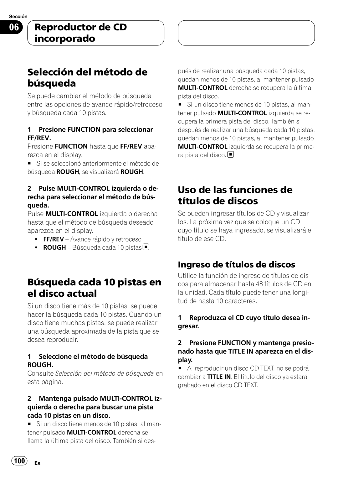 Pioneer DEH-P55BT Uso de las funciones de títulos de discos, Búsqueda cada 10 pistas en el disco actual, Rough 