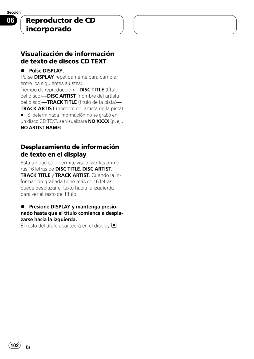 Pioneer DEH-P55BT operation manual Visualización de información de texto de discos CD Text, No Artist Name 