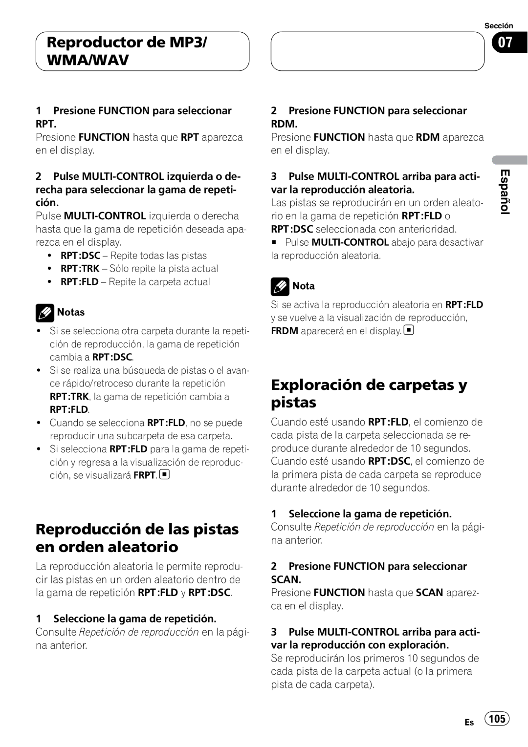 Pioneer DEH-P55BT operation manual Reproducción de las pistas en orden aleatorio, Exploración de carpetas y pistas 