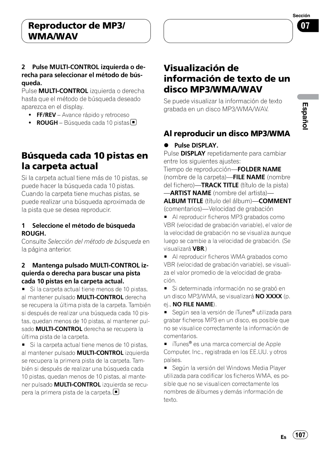 Pioneer DEH-P55BT operation manual Búsqueda cada 10 pistas en la carpeta actual, Al reproducir un disco MP3/WMA 