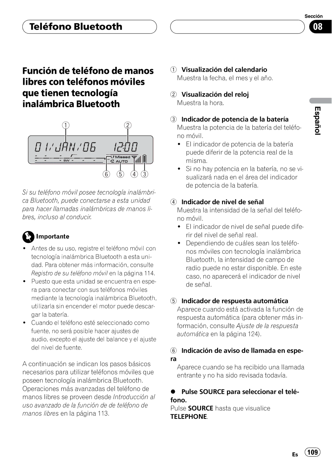 Pioneer DEH-P55BT operation manual Telephone 