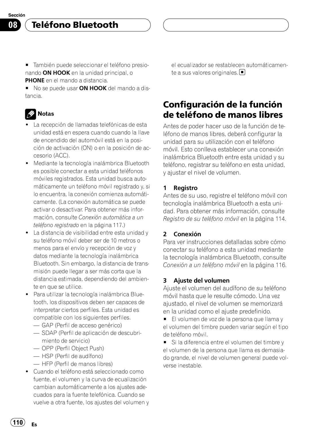 Pioneer DEH-P55BT operation manual Teléfono Bluetooth, Configuración de la función de teléfono de manos libres 