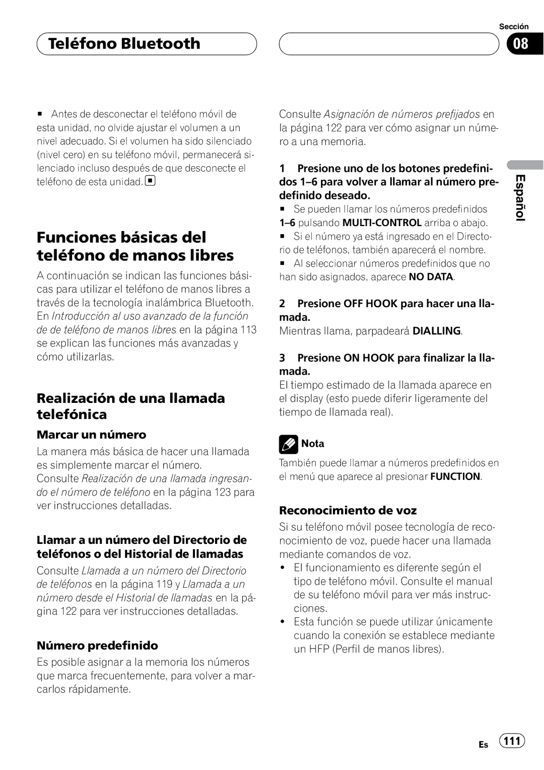 Pioneer DEH-P55BT operation manual Funciones básicas del teléfono de manos libres, Realización de una llamada telefónica 