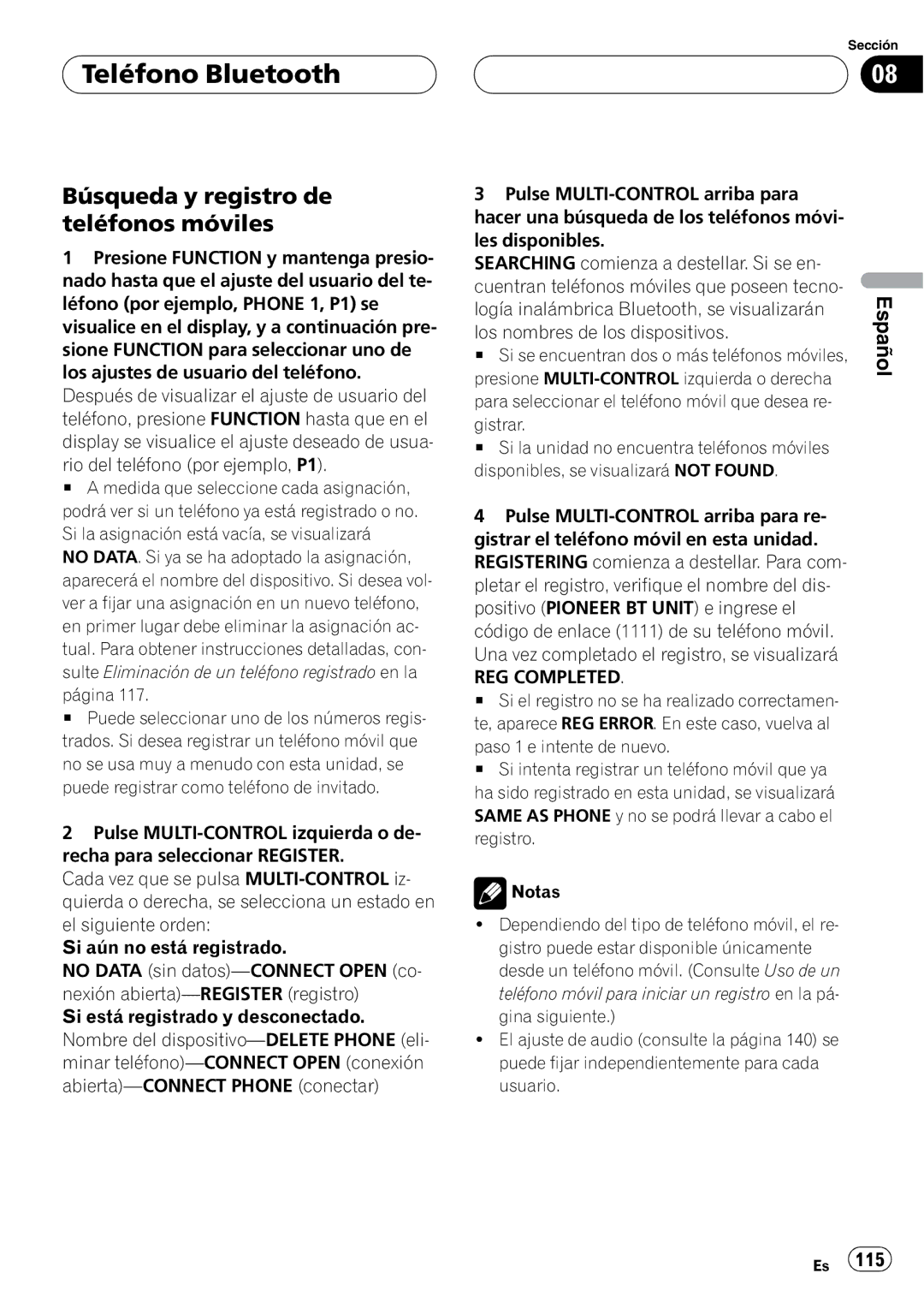 Pioneer DEH-P55BT operation manual Búsqueda y registro de teléfonos móviles, REG Completed 