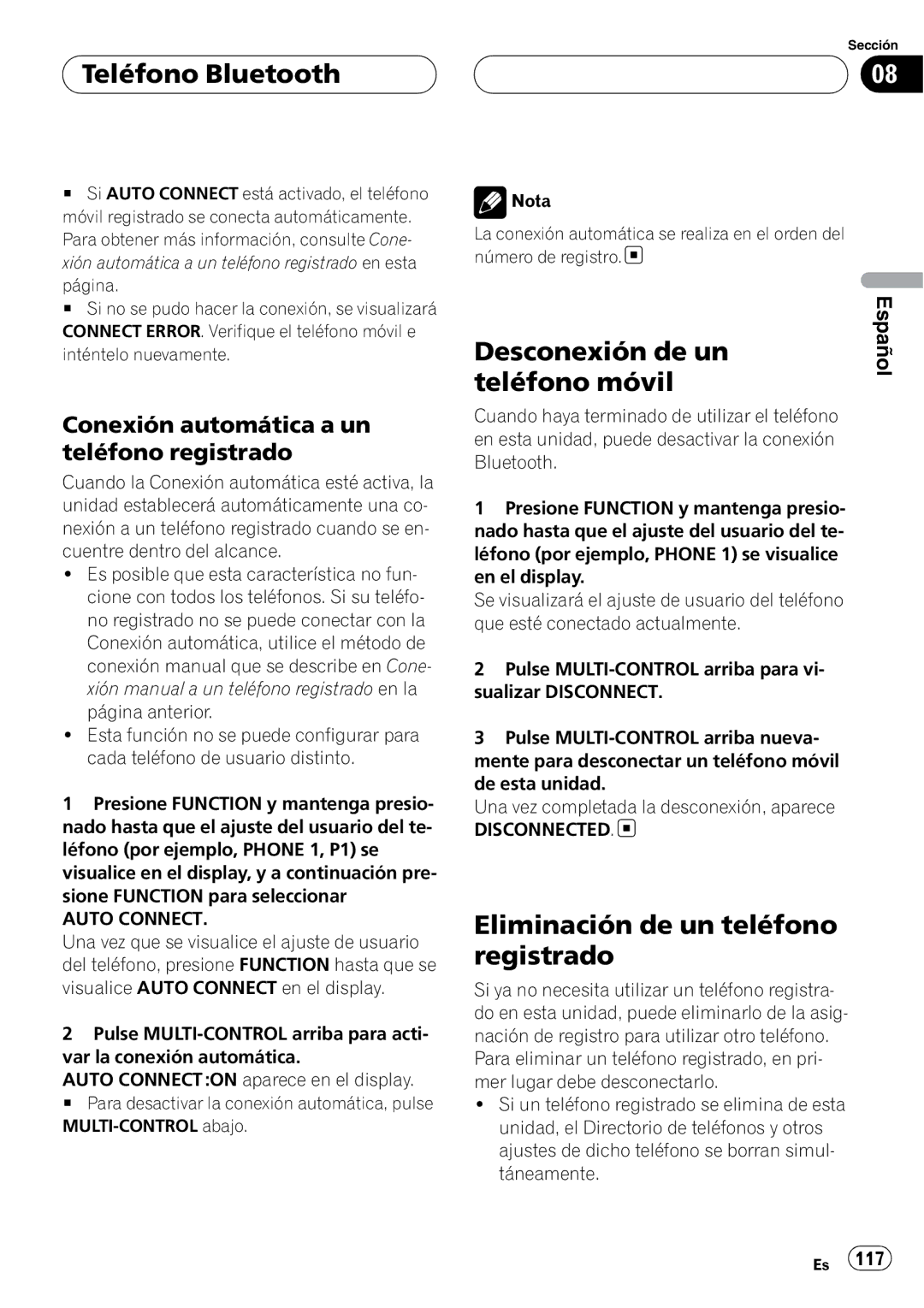 Pioneer DEH-P55BT operation manual Desconexión de un, Teléfono móvil, Eliminación de un teléfono registrado, Disconnected 