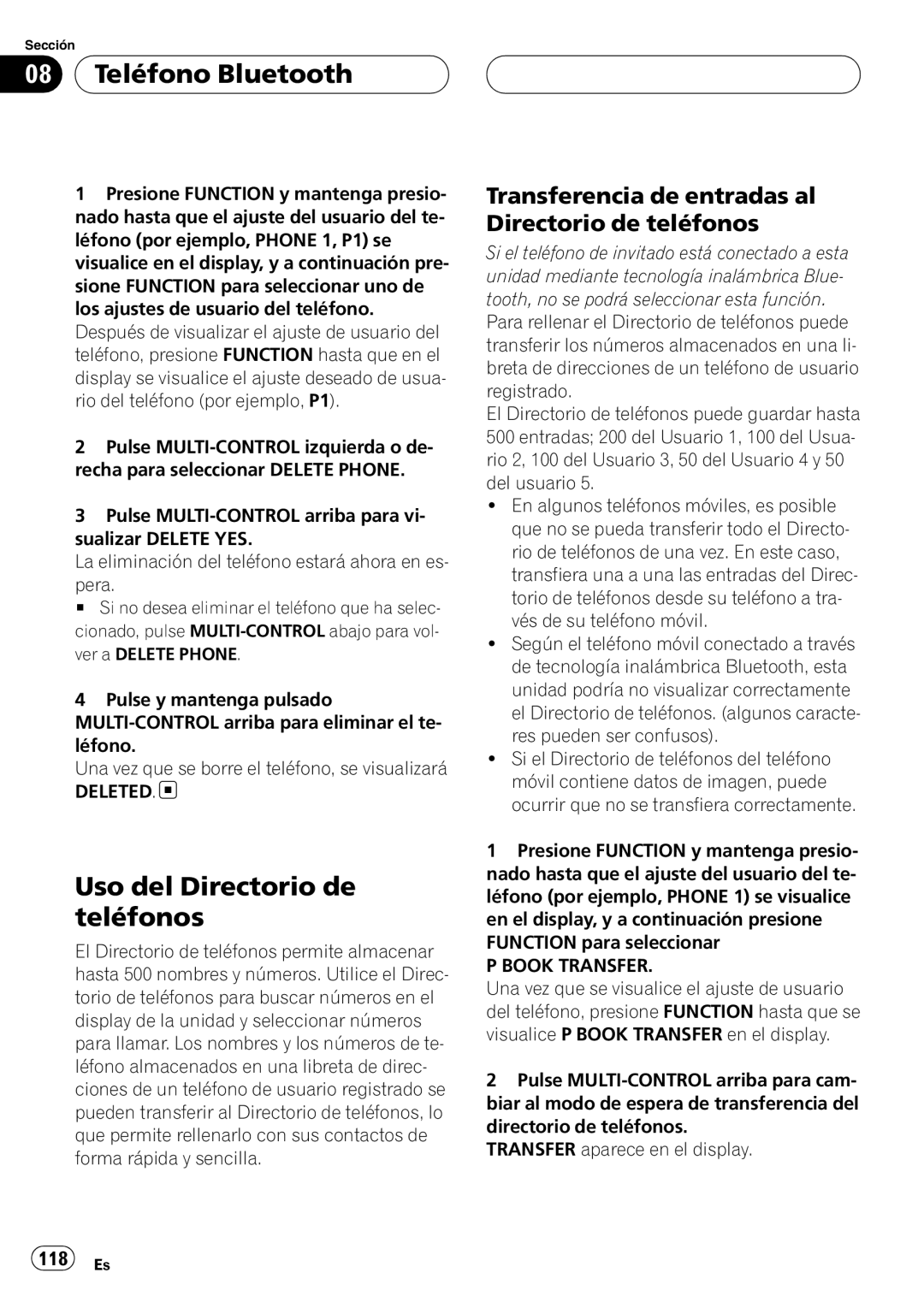 Pioneer DEH-P55BT Uso del Directorio de teléfonos, Transferencia de entradas al Directorio de teléfonos, Deleted 