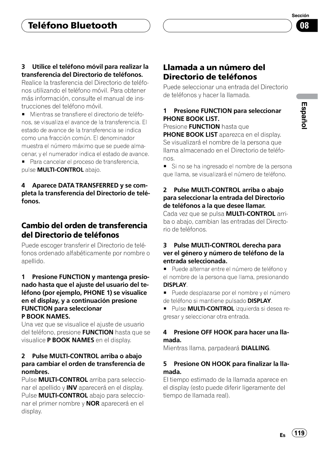 Pioneer DEH-P55BT operation manual Llamada a un número del Directorio de teléfonos, Display 