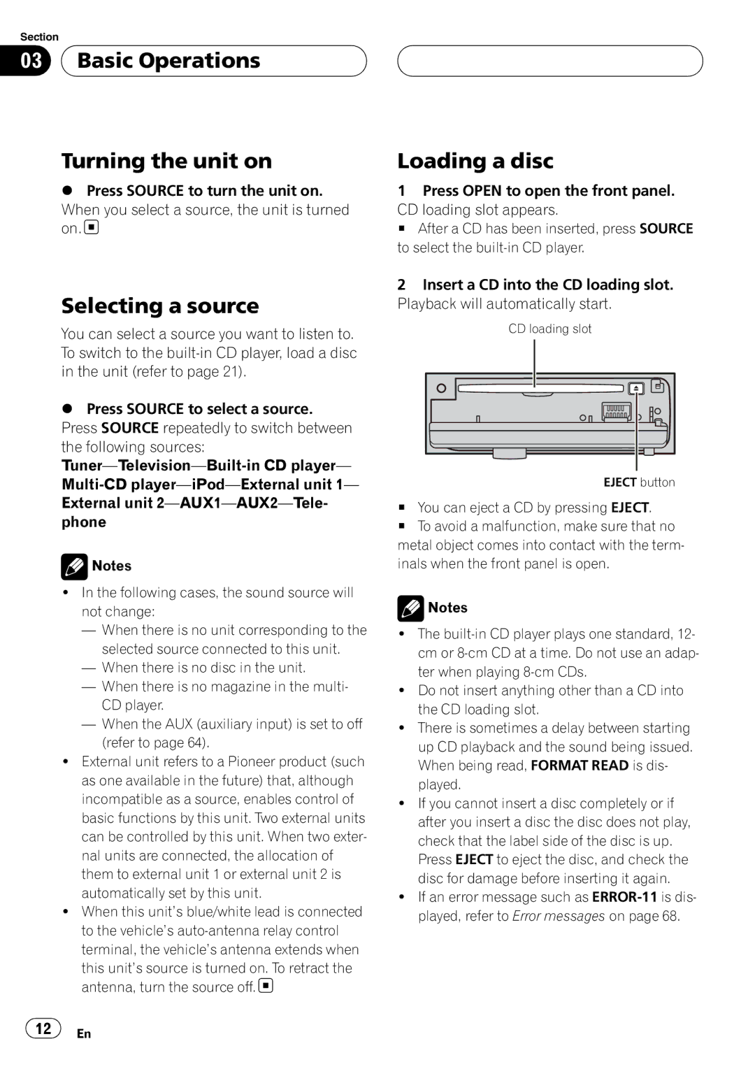 Pioneer DEH-P55BT operation manual Basic Operations Turning the unit on, Selecting a source, Loading a disc 