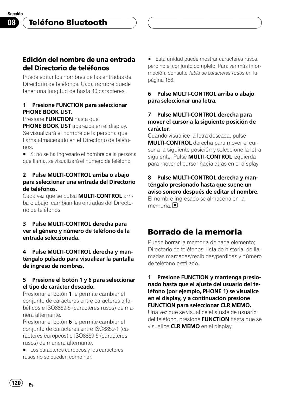 Pioneer DEH-P55BT operation manual 08 Teléfono Bluetooth, Borrado de la memoria 