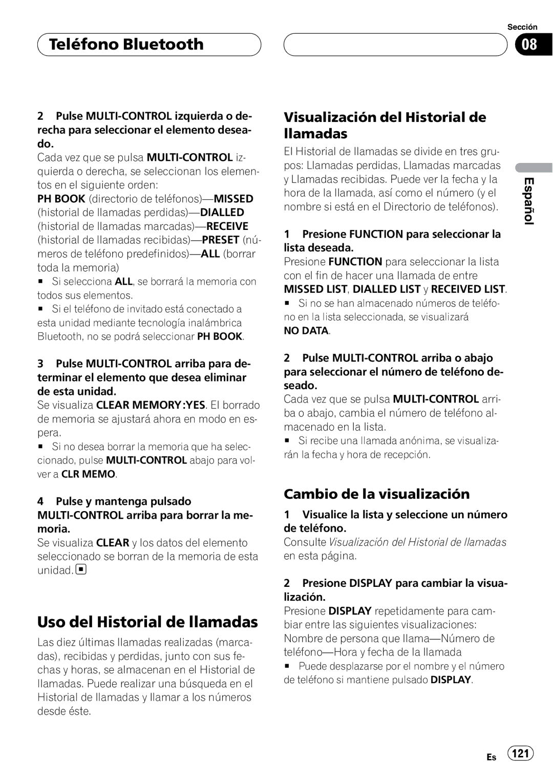 Pioneer DEH-P55BT Uso del Historial de llamadas, Visualización del Historial de llamadas, Cambio de la visualización 