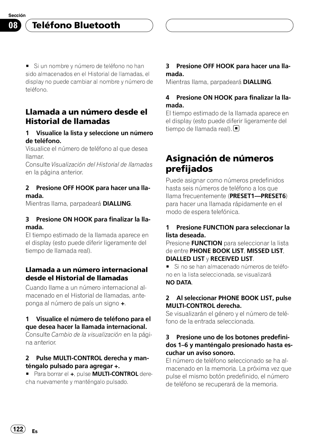 Pioneer DEH-P55BT operation manual Asignación de números prefijados, Llamada a un número desde el Historial de llamadas 