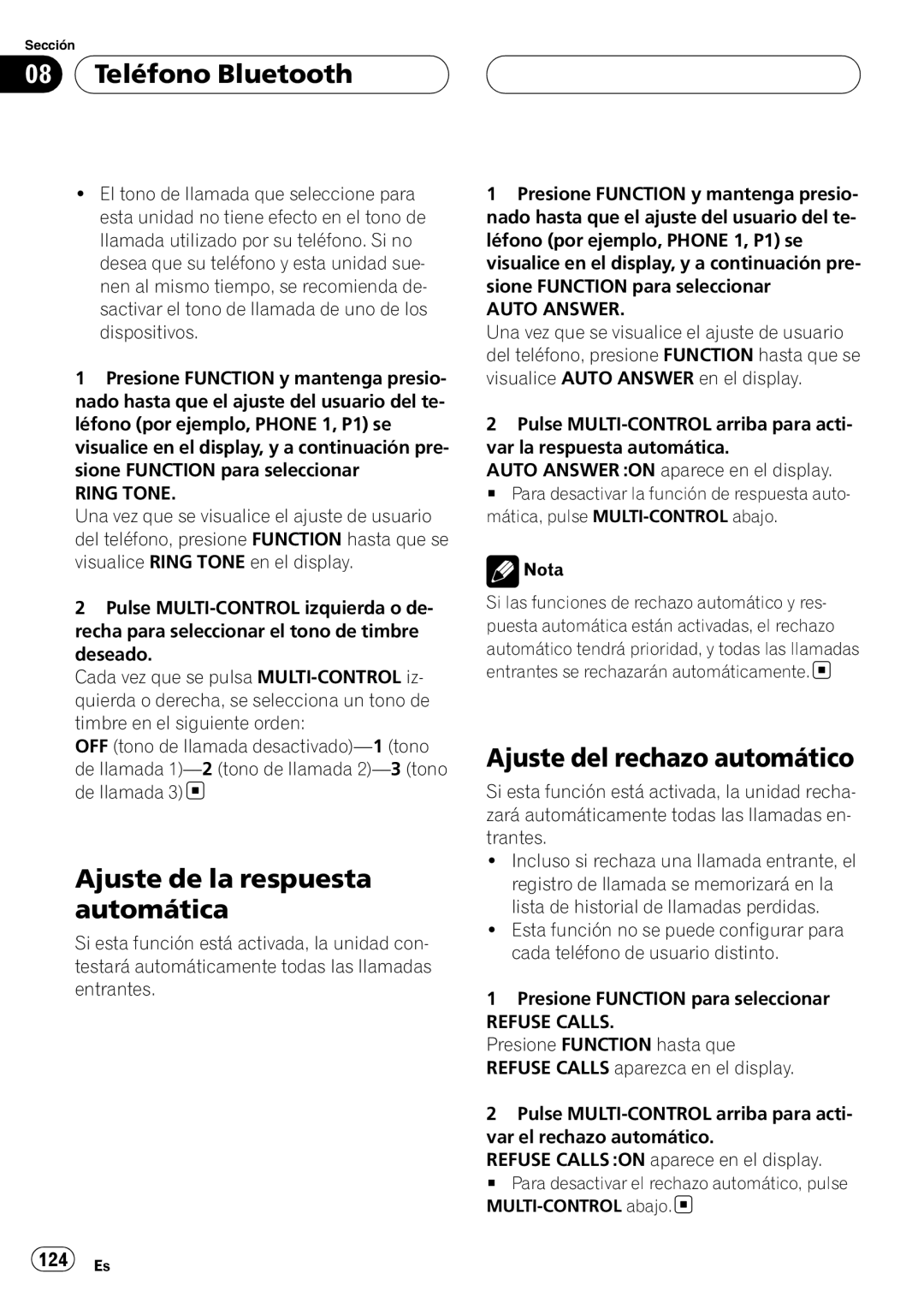 Pioneer DEH-P55BT operation manual Ajuste de la respuesta automática, Ajuste del rechazo automático 