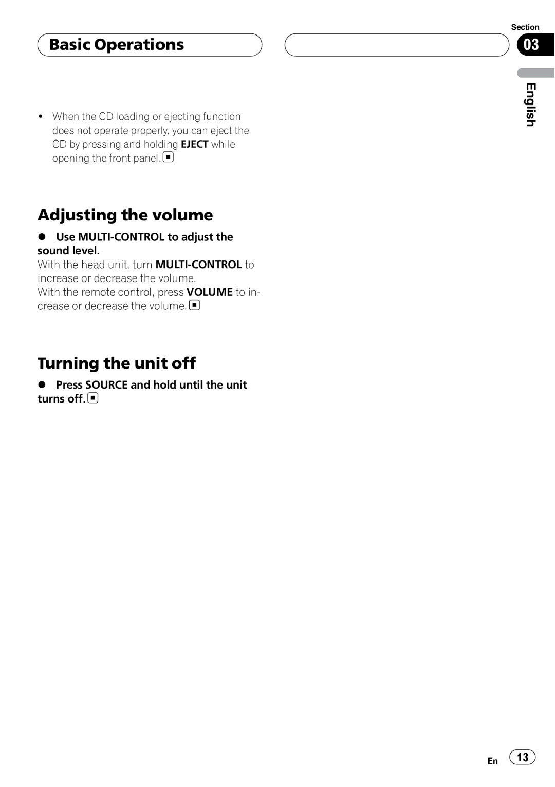 Pioneer DEH-P55BT operation manual Basic Operations, Adjusting the volume, Turning the unit off 