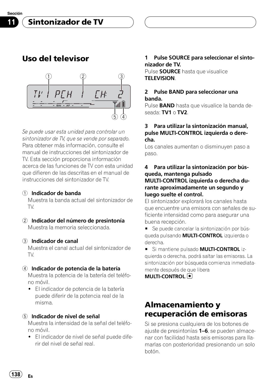 Pioneer DEH-P55BT Sintonizador de TV Uso del televisor, Almacenamiento y recuperación de emisoras, Television 