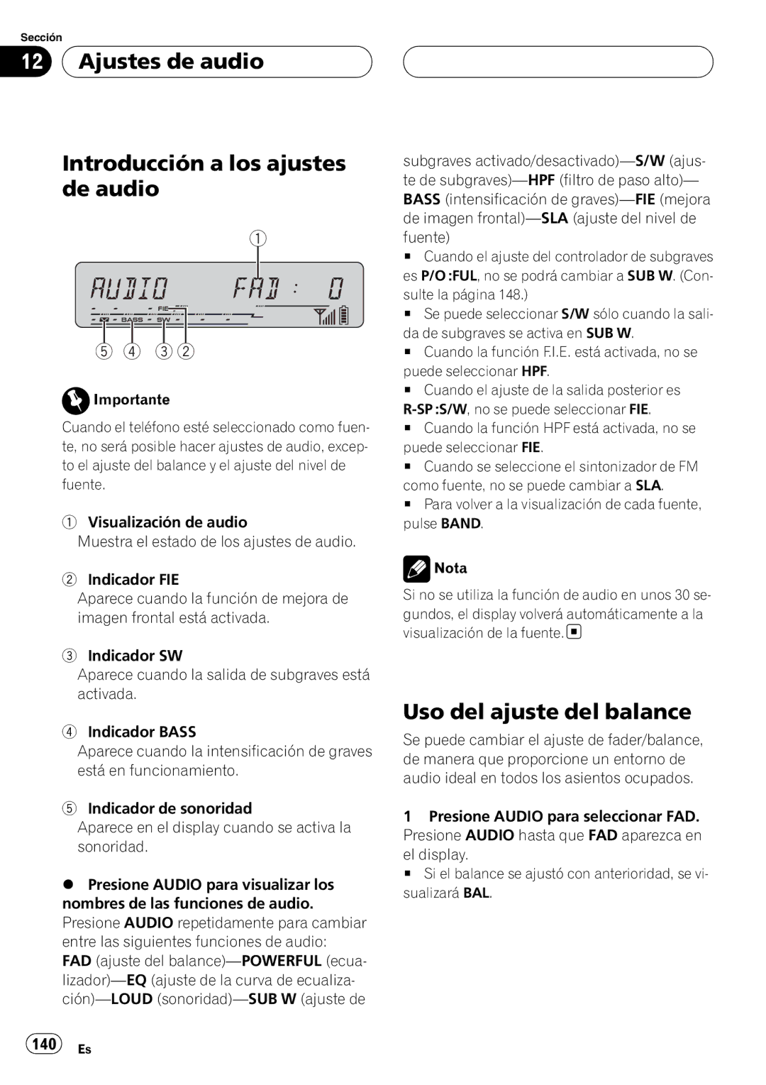 Pioneer DEH-P55BT operation manual Ajustes de audio Introducción a los ajustes de audio, Uso del ajuste del balance 