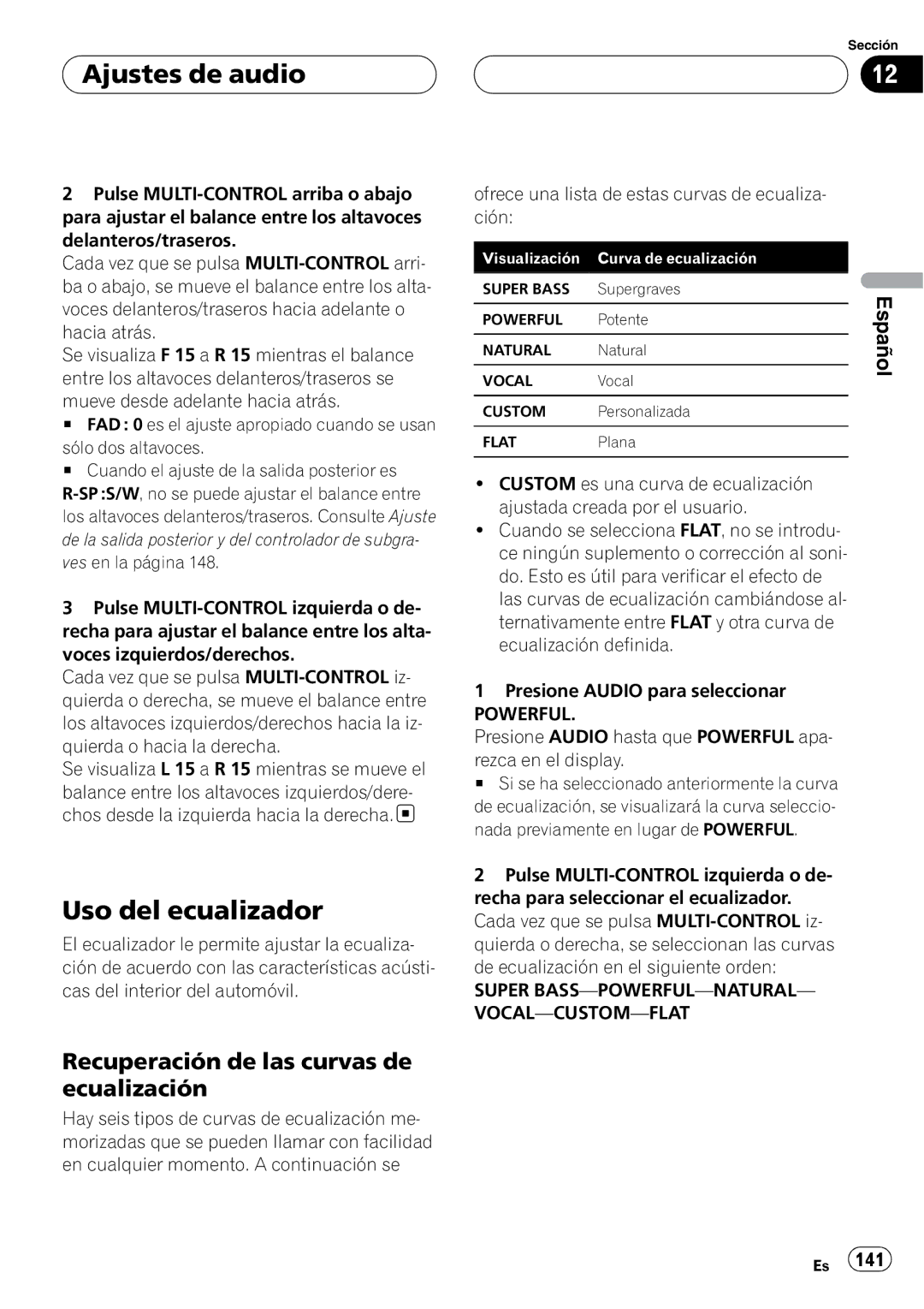 Pioneer DEH-P55BT Ajustes de audio, Uso del ecualizador, Recuperación de las curvas de ecualización, Powerful 