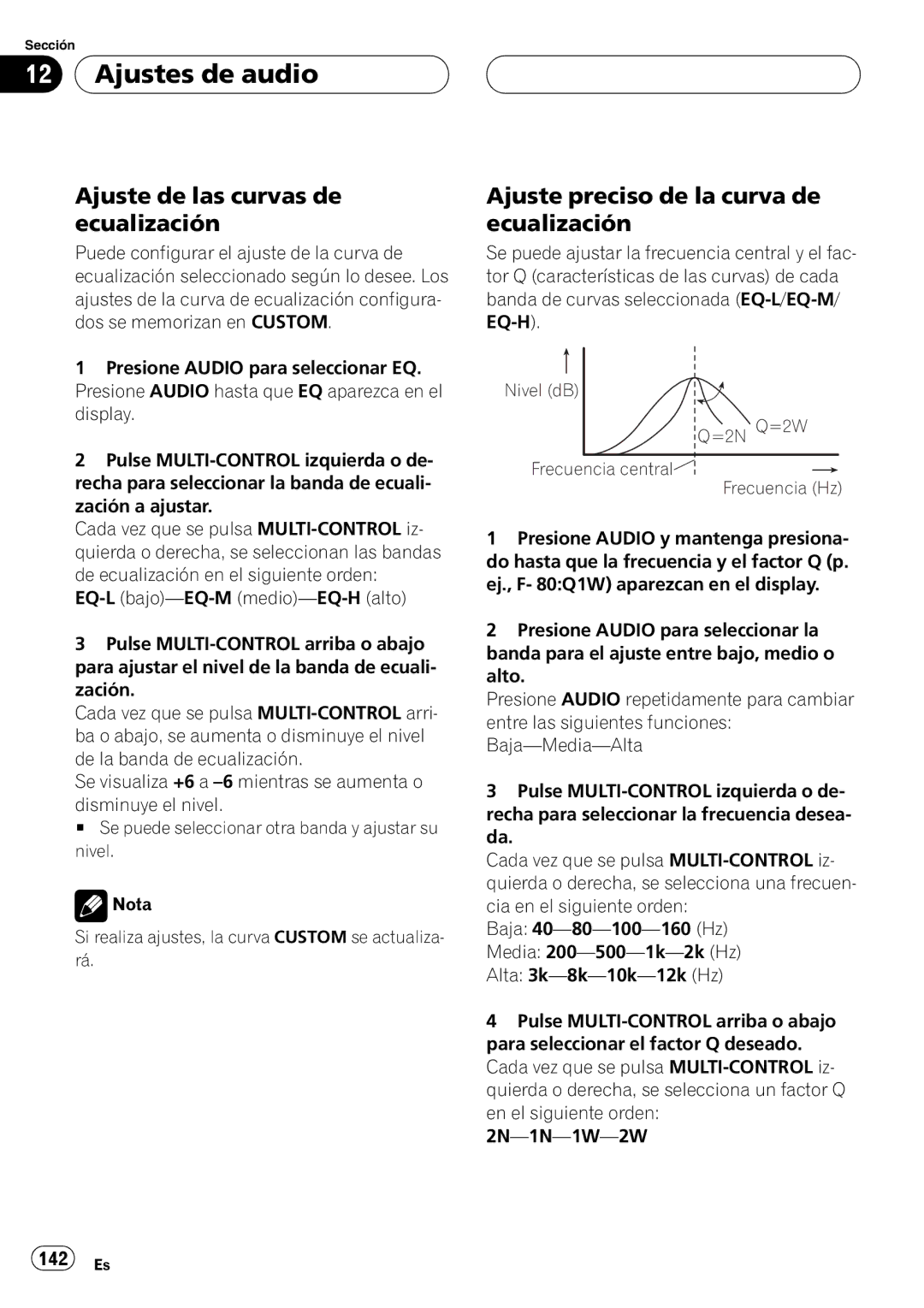 Pioneer DEH-P55BT operation manual Ajuste de las curvas de ecualización, Ajuste preciso de la curva de ecualización 