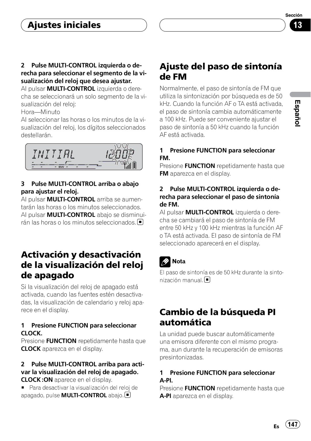 Pioneer DEH-P55BT Ajustes iniciales, Ajuste del paso de sintonía de FM, Cambio de la búsqueda PI automática, Clock 