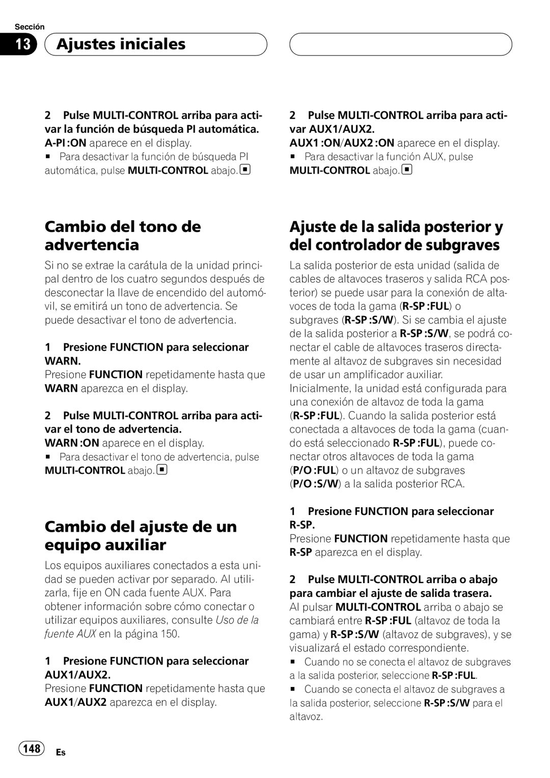 Pioneer DEH-P55BT operation manual Cambio del tono de advertencia, Cambio del ajuste de un equipo auxiliar 