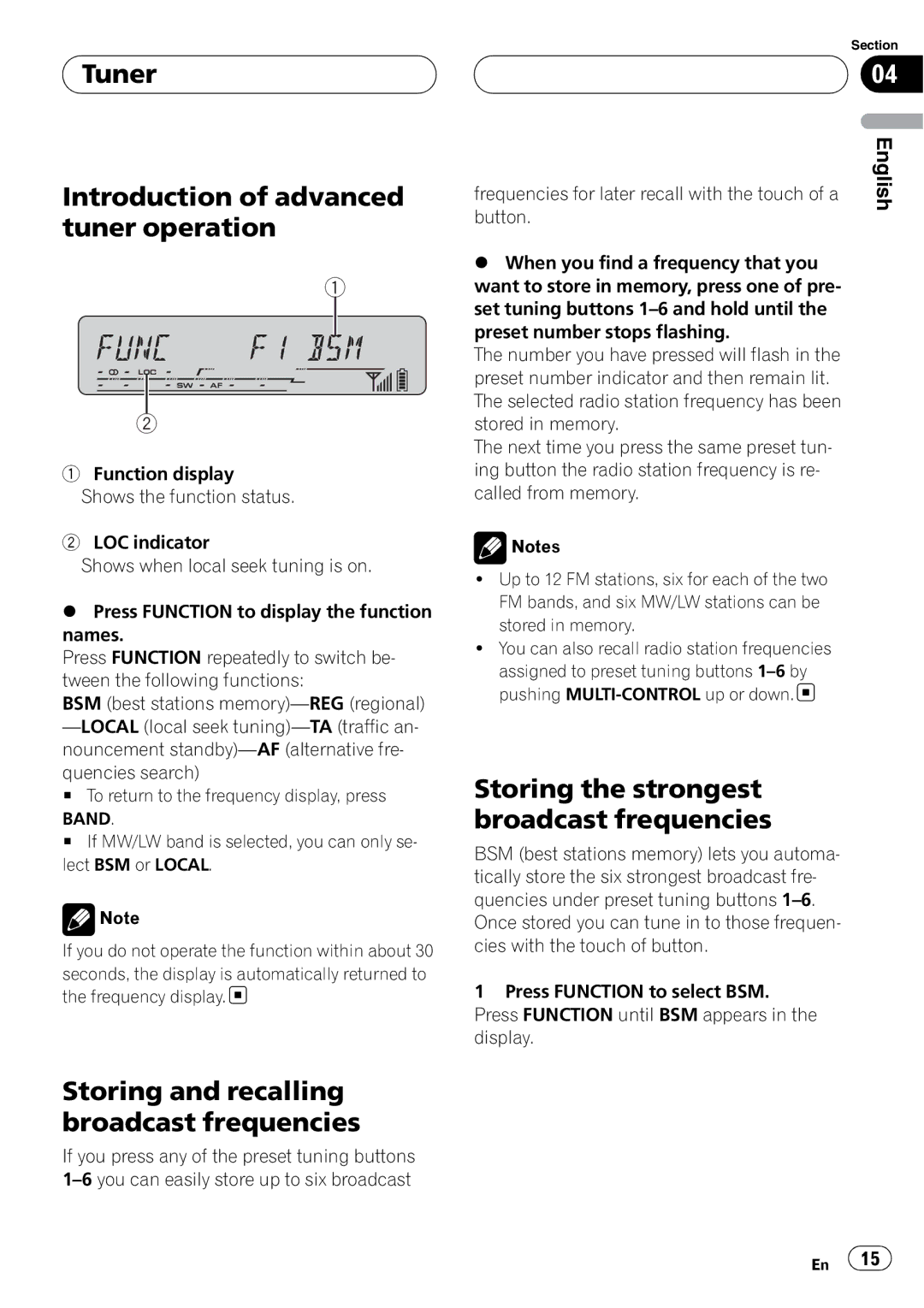 Pioneer DEH-P55BT Tuner Introduction of advanced tuner operation, Storing and recalling broadcast frequencies, Band 