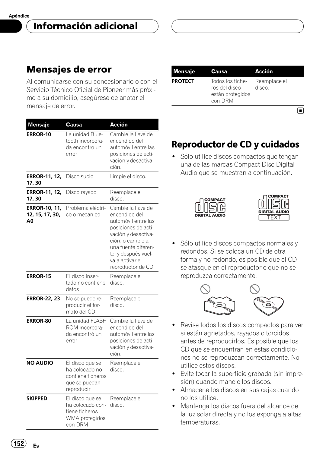 Pioneer DEH-P55BT operation manual Información adicional Mensajes de error, Reproductor de CD y cuidados 