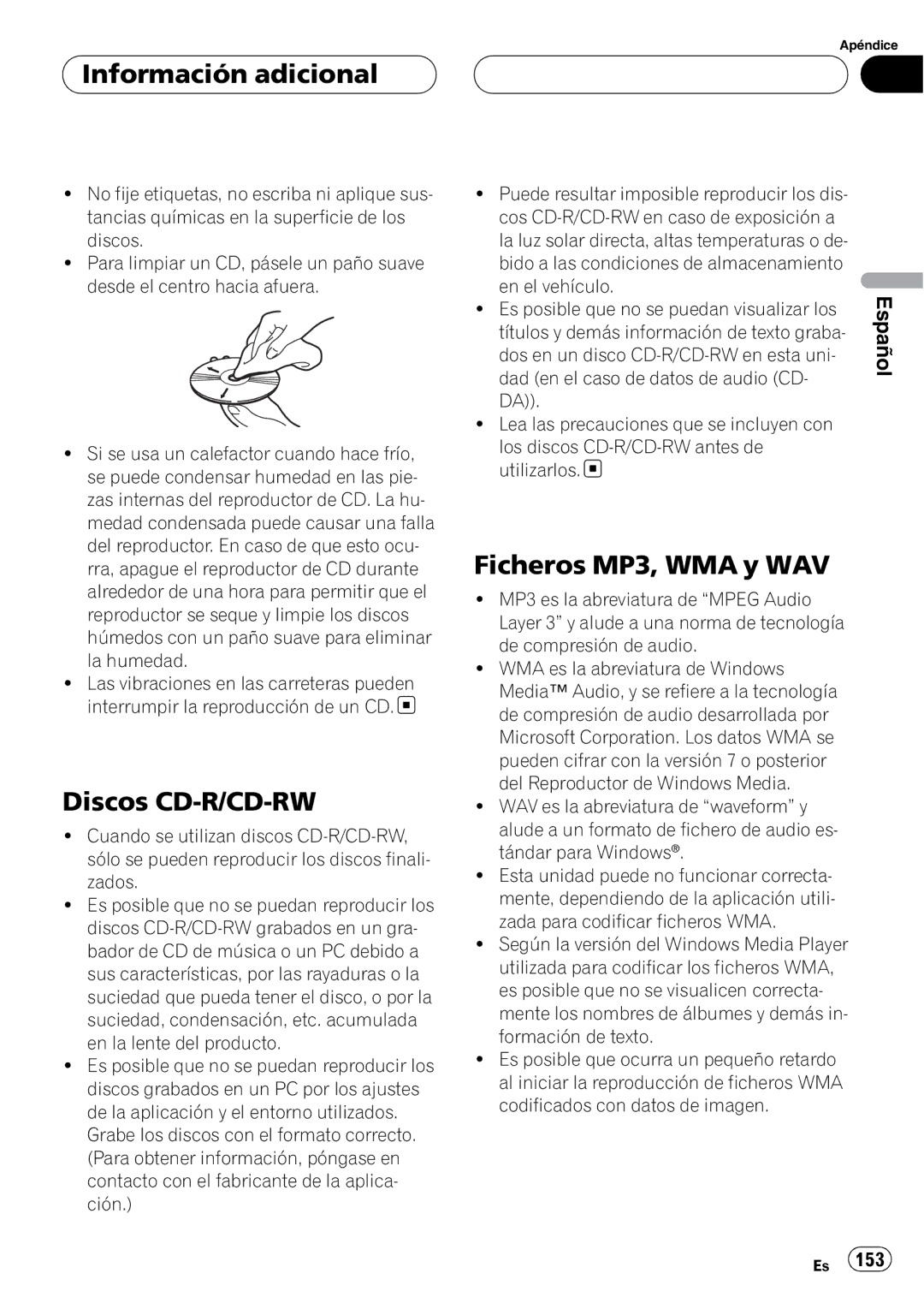 Pioneer DEH-P55BT operation manual Información adicional, Discos CD-R/CD-RW, Ficheros MP3, WMA y WAV 