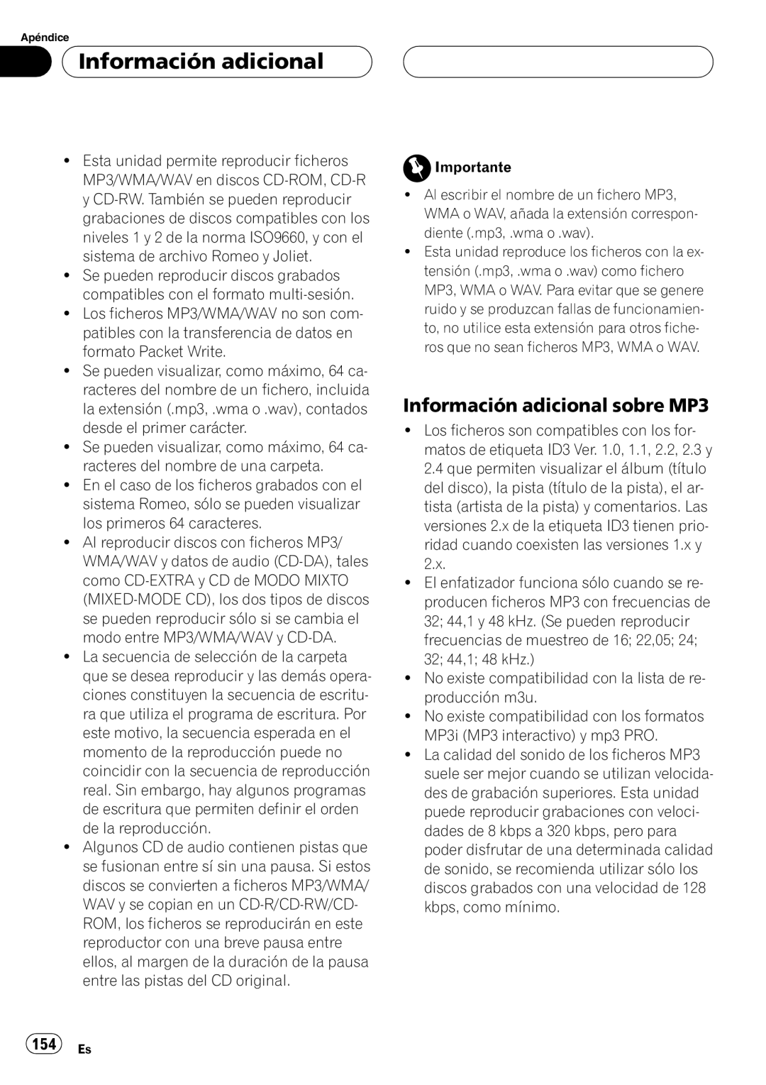 Pioneer DEH-P55BT operation manual Información adicional sobre MP3 