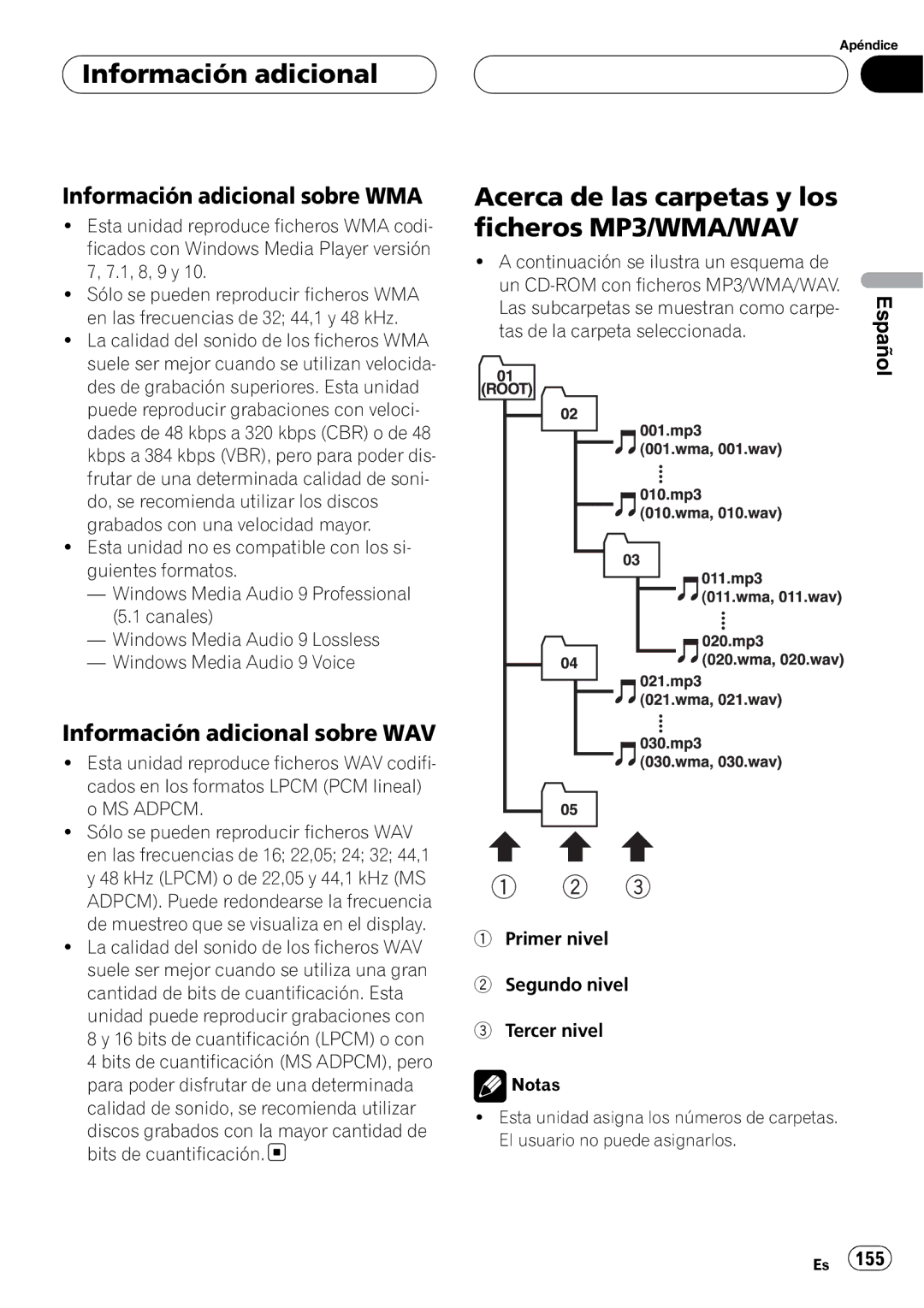 Pioneer DEH-P55BT operation manual Acerca de las carpetas y los ficheros MP3/WMA/WAV, Información adicional sobre WMA 