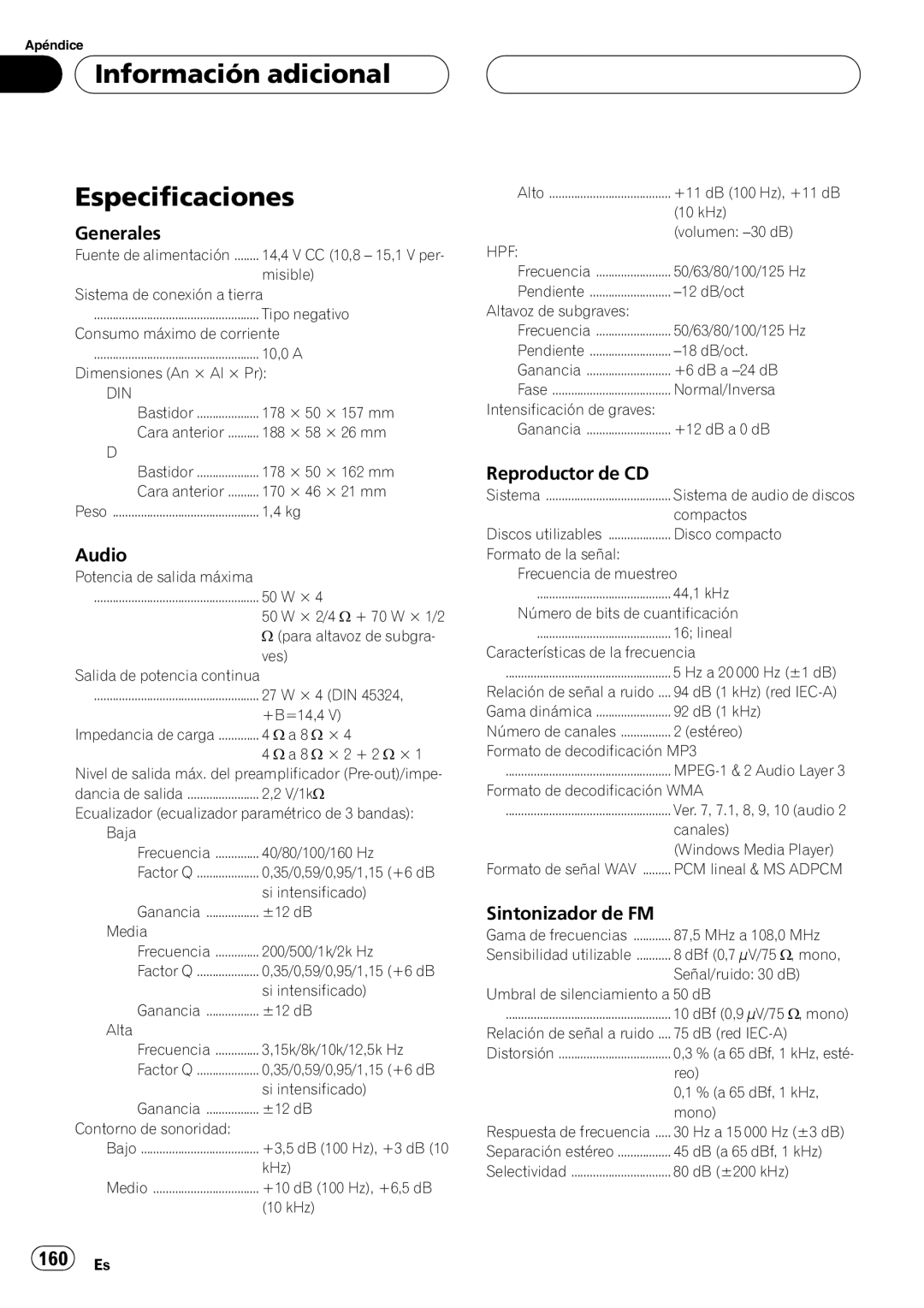 Pioneer DEH-P55BT operation manual Información adicional Especificaciones, Generales 