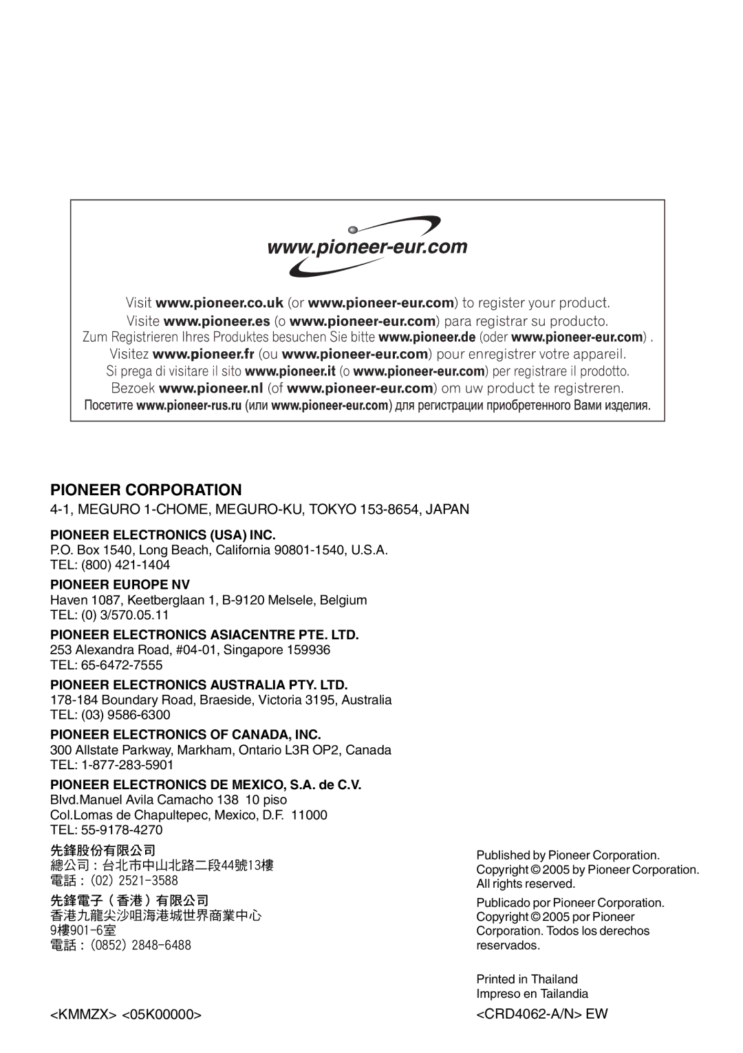 Pioneer DEH-P55BT operation manual Pioneer Corporation, Meguro 1-CHOME, MEGURO-KU, Tokyo 153-8654, Japan 