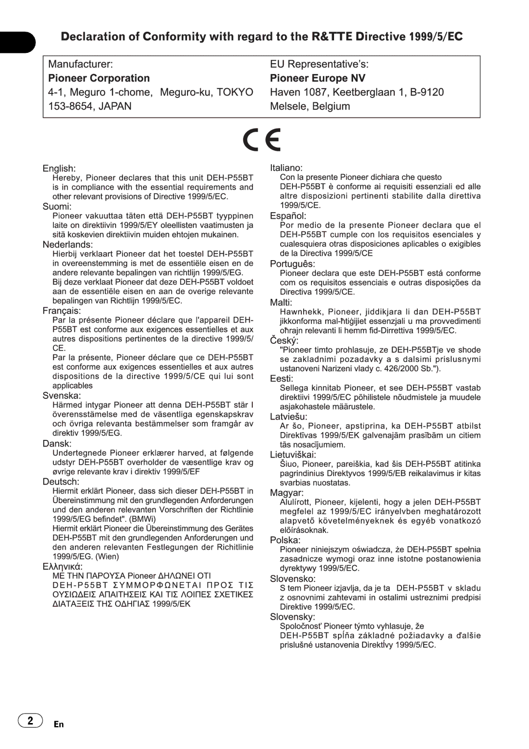 Pioneer DEH-P55BT operation manual 