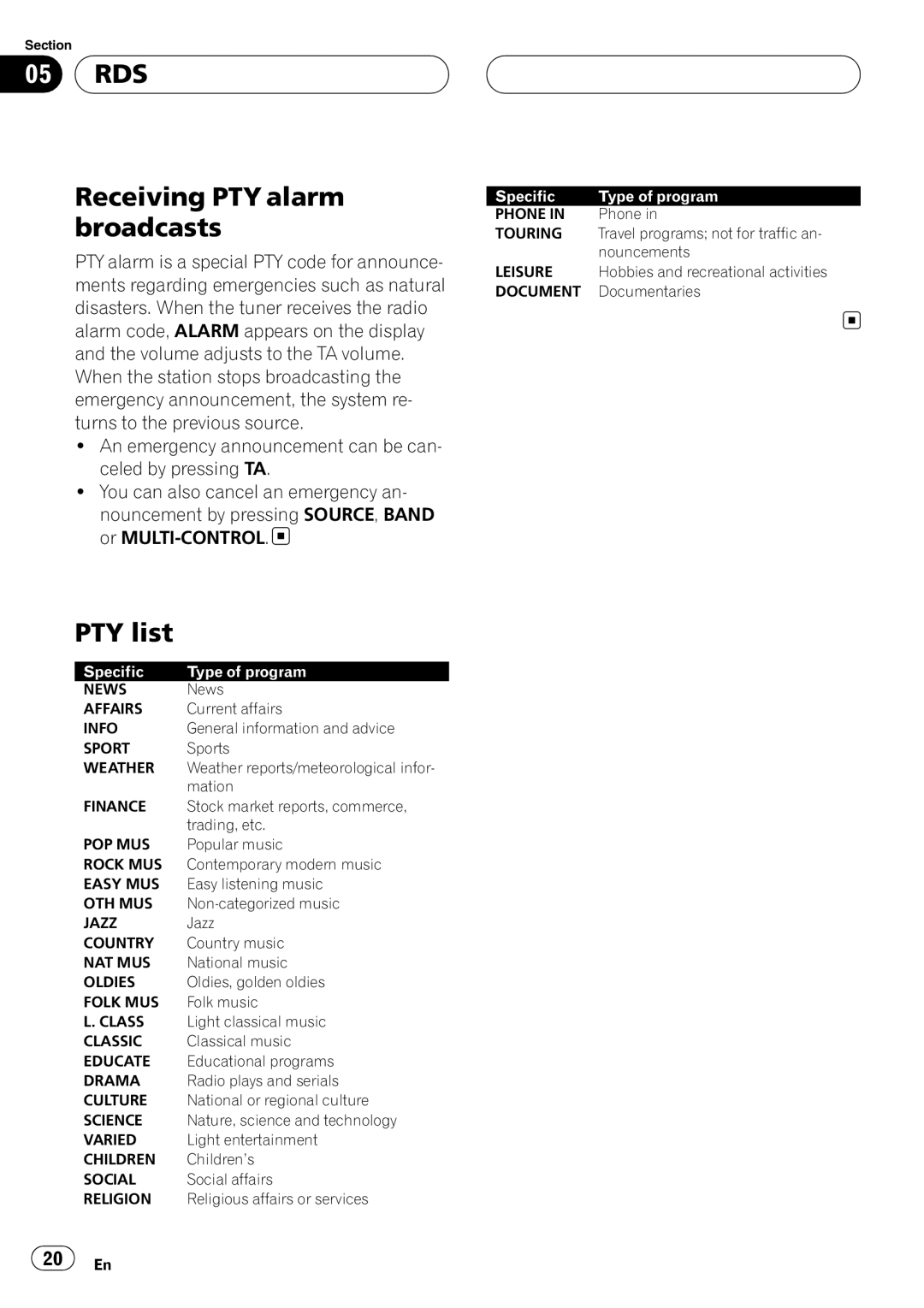 Pioneer DEH-P55BT operation manual Receiving PTY alarm broadcasts, PTY list 