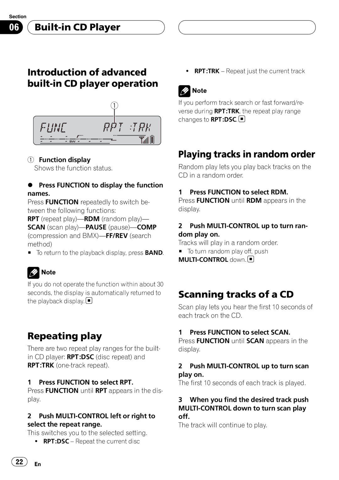 Pioneer DEH-P55BT operation manual Repeating play, Playing tracks in random order, Scanning tracks of a CD 