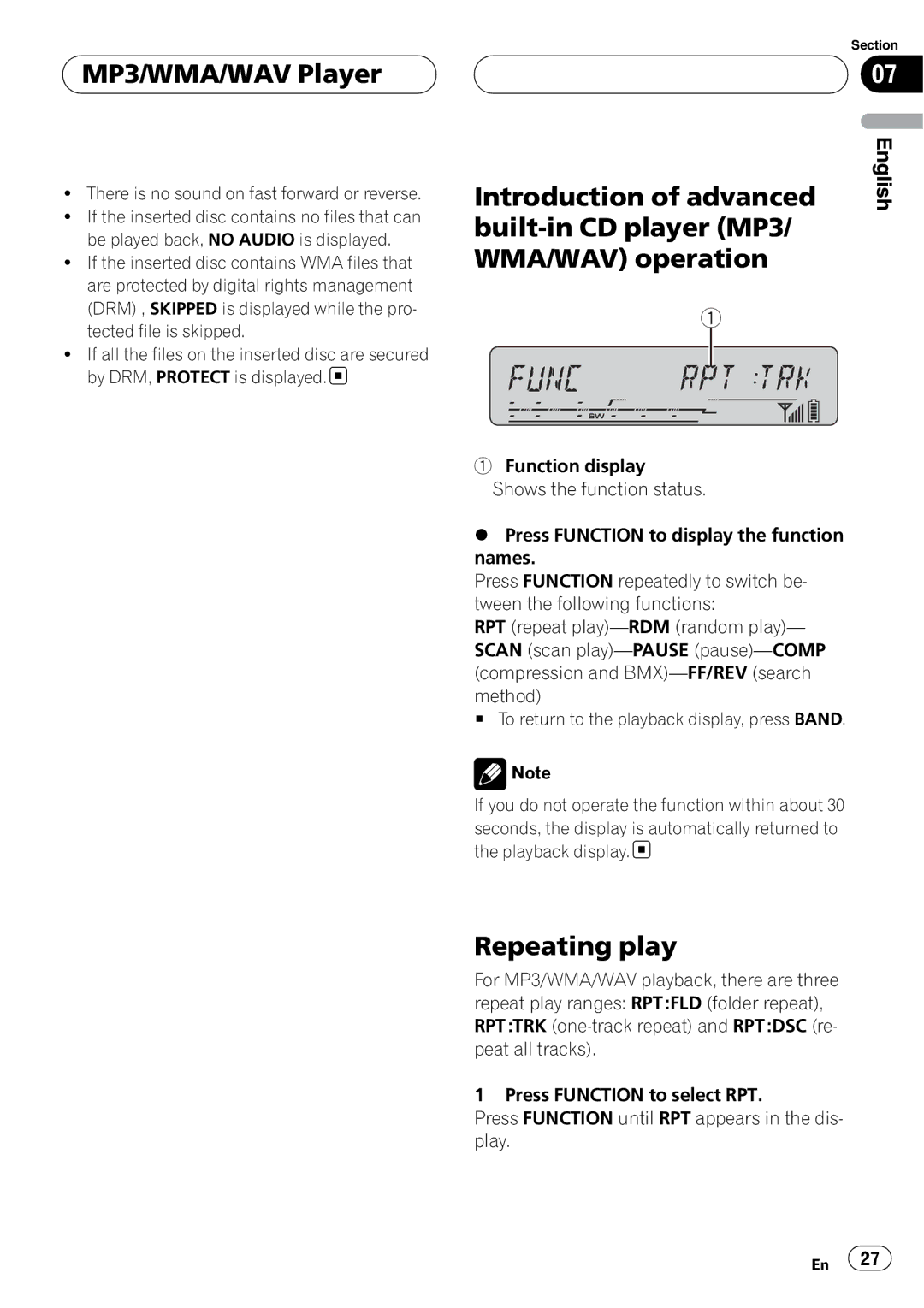 Pioneer DEH-P55BT operation manual MP3/WMA/WAV Player, Introduction of advanced, Built-in CD player MP3 WMA/WAV operation 