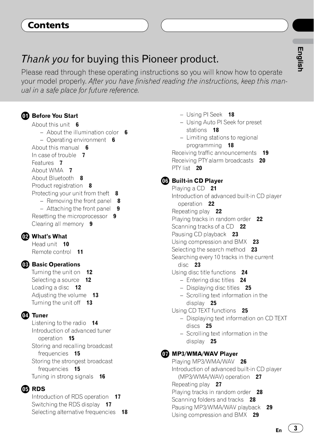 Pioneer DEH-P55BT operation manual Contents, Rds 