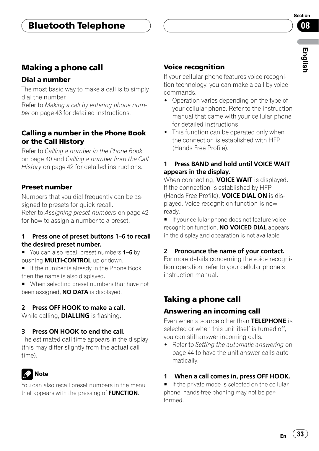 Pioneer DEH-P55BT operation manual Making a phone call, Taking a phone call 